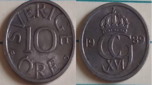 1989 - Sweden - 10 Øre - King Carl XVI  - Demonetised Sep 1992 -Copper-Nickel