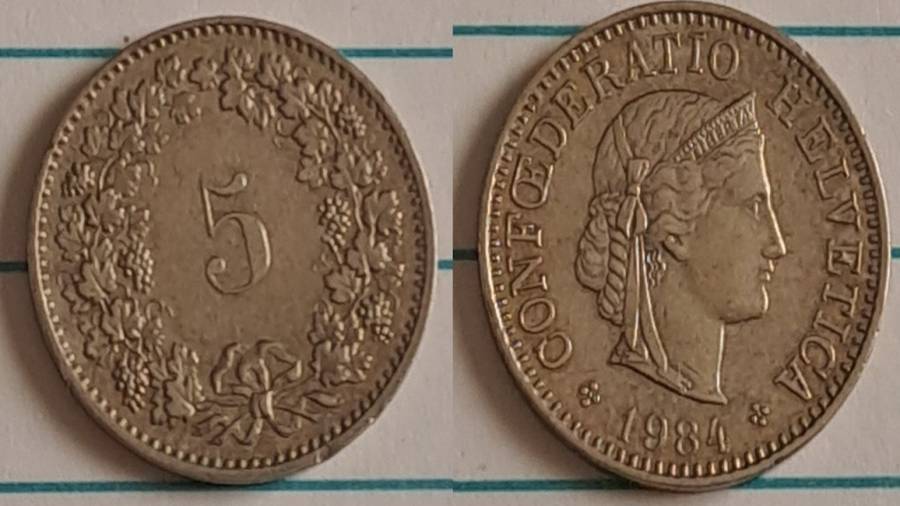 1984 - Switzerland - 5 Rappen - Head of Libertas  - Demonetised -  No - Aluminium bronze 