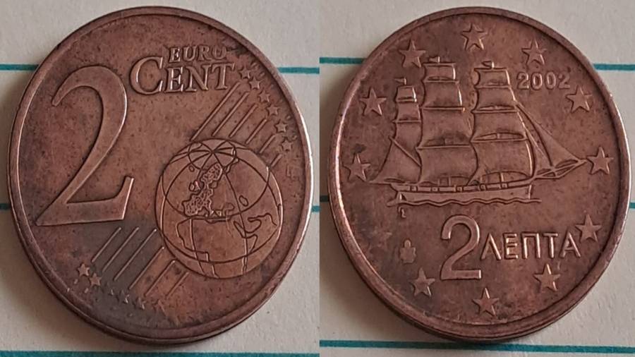2002 - Greece - 2 Euro Cent - A corvette,  - Demonetised - No - Copper plated steel