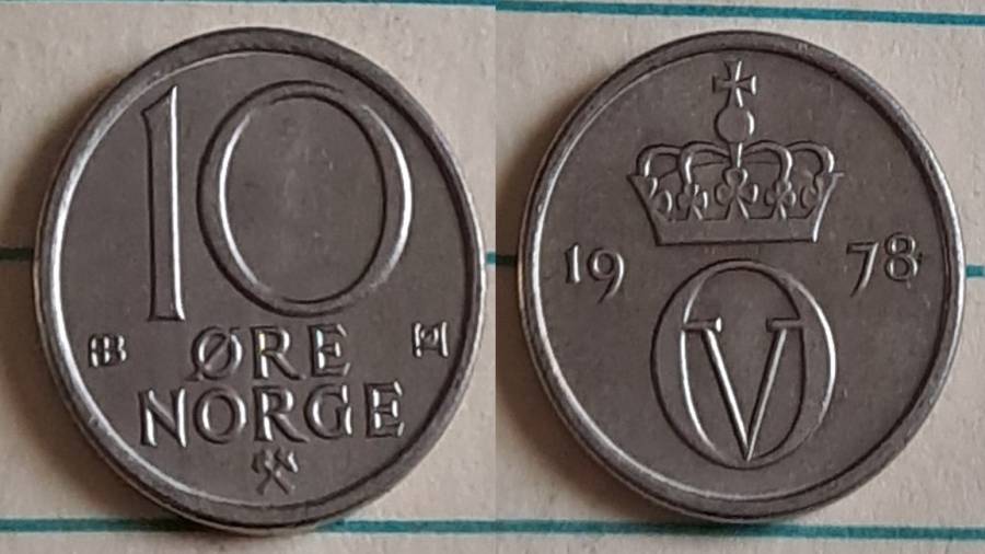 1978 - Norway - 10 Øre - AU/NC - Olav V  - Demonetised Jan 1993 - Copper-nickel