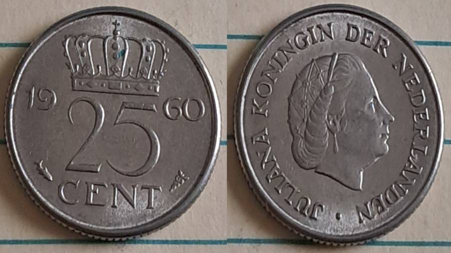 1960 - Nederland -  25 c - AU/NC- Queen Juliana - Demonetised Feb 2002 - Nickel