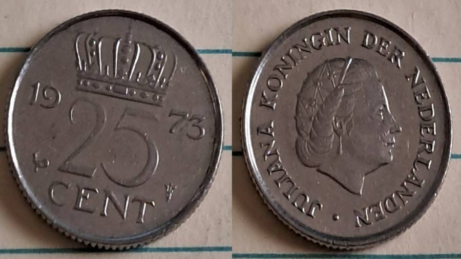 1973 - Nederland -  25 - AU/NC- Queen Juliana - Demonetised Feb 2002 - Nickel