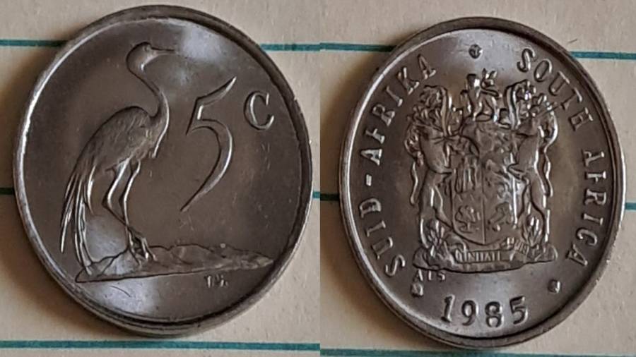 1985 - SA -  5c - AU/NC- Blue crane/Coat of Arms - Nickel