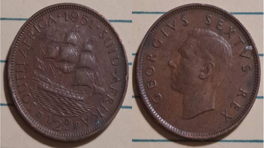 1951 - South Africa -  ½  Penny -  Demonetised - March  1961 - Bronze