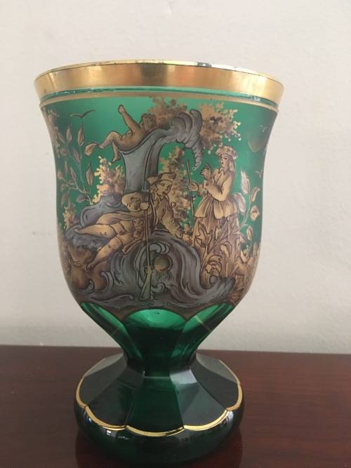 Stunning Hand Painted in Gold Scenes on 19th Century Green Crystal Goblet** Rare Piece**