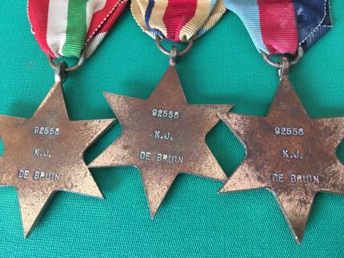 WW2 medal Group to - 82558 K.J De Bruin with Africa Star + Rosette and North Africa Clasp**