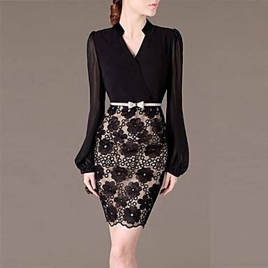 (Free shipping)Women's V Neck Patchwork Long Sleeve OL Dress