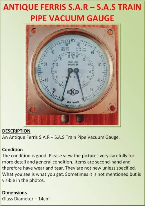 ANTIQUE FERRIS S.A.R  S.A.S TRAIN PIPE VACUUM GAUGE