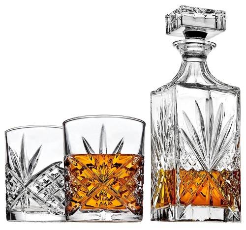 Brand New 7 Piece Clear Diamond Cut Style Whiskey Decanter with Glasses Set