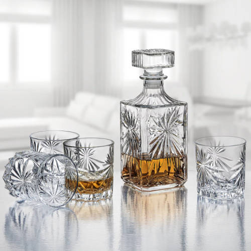 Brand New 7 Piece Clear Diamond Cut Style Whiskey Decanter with Glasses Set