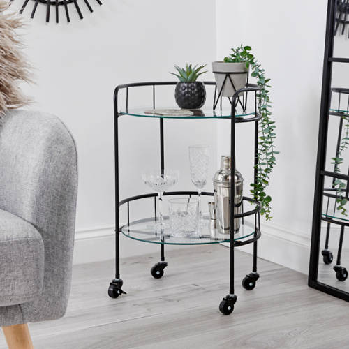 Brand-New 2-Tier Bar Cart Drinks Trolley with Glass Shelves (Silver)