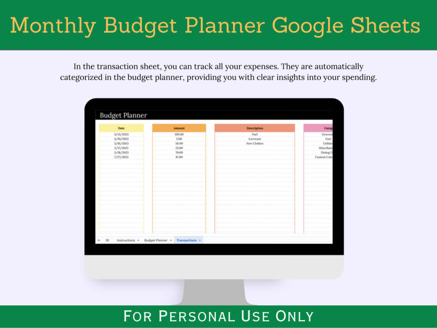 Google Sheets Template - Monthly Budget Planner with Instruction and Transaction Tabs