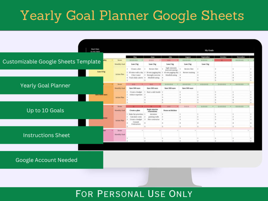 Yearly Goal Planner with Instruction Tab - Google Sheets Template