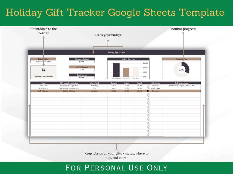 Holiday Gift Tracker with Instructions Tab - Google Sheets Template