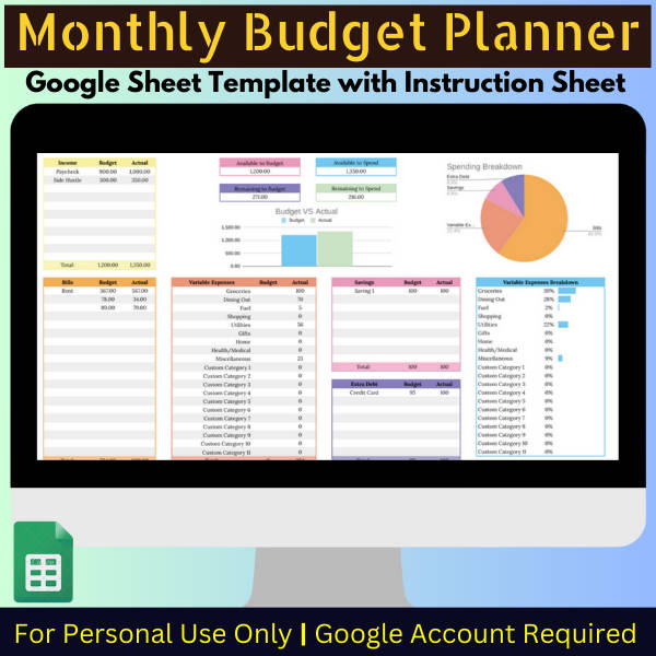 Google Sheets Template - Monthly Budget Planner with Instruction and Transaction Tabs