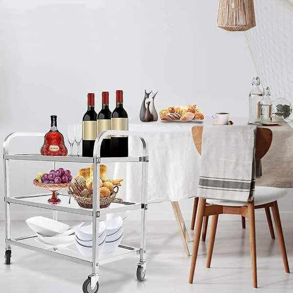 Stainless Steel 3 Tier Kitchen Utility Rolling Trolleys Cart with Lockable Wheels (85x45x90 cm)