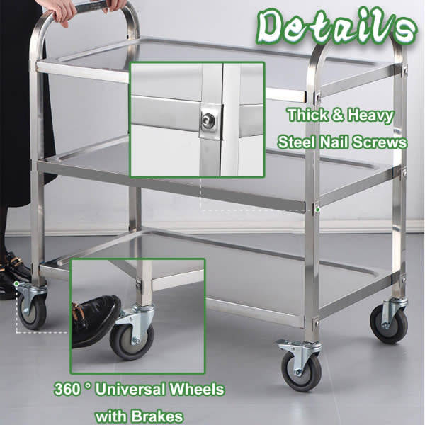 Stainless Steel 3 Tier Kitchen Utility Rolling Trolleys Cart with Lockable Wheels (85x45x90 cm)
