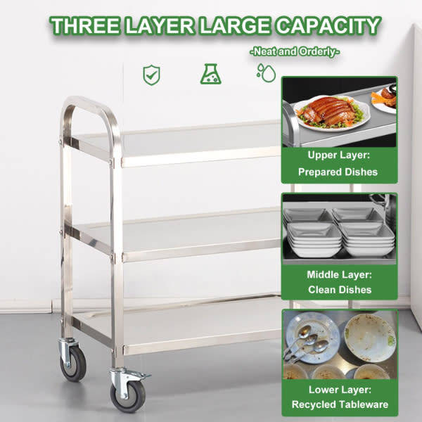 Stainless Steel 3 Tier Kitchen Utility Rolling Trolleys Cart with Lockable Wheels (85x45x90 cm)