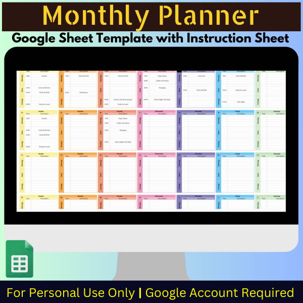 Monthly Planner with Instruction Tab - Google Sheets Template