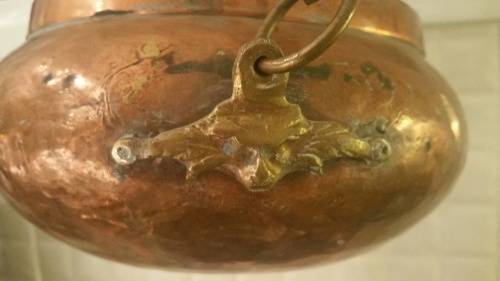 A Vintage Copper and Brass Hanging Plant Holder: Monkey Face Brass Detail