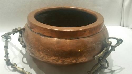 A Vintage Copper and Brass Hanging Plant Holder: Monkey Face Brass Detail