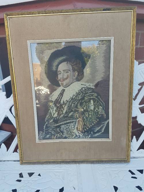 RESERVED FOR DANE Vintage Framed Tapestry" Cavalier" With Fine Petit Point Detail