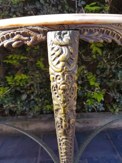 Stunning! A Marble Top Halfmoon Metal Table With Beautiful Detail