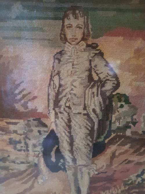 RESERVED FOR DANE A Large Framed Tapestry of Gainsborough's The Blue Boy with Petit Point detail