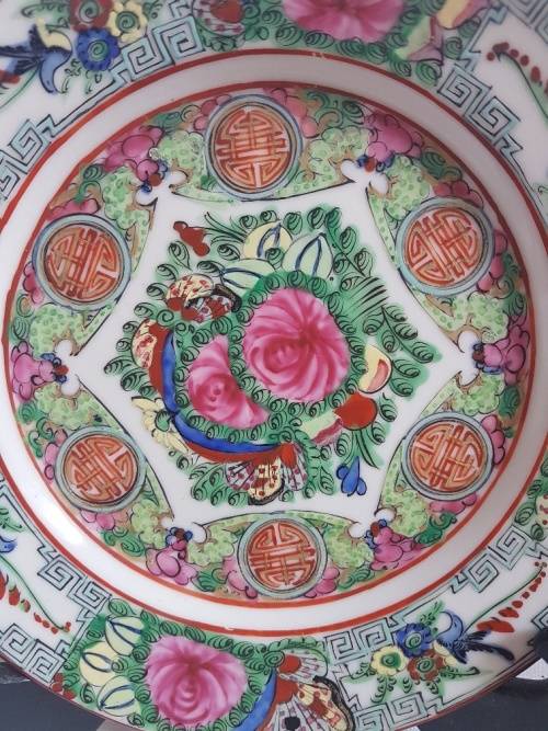 Vintage Hong Kong Decorated Familia Rose Style Plate on Stand
