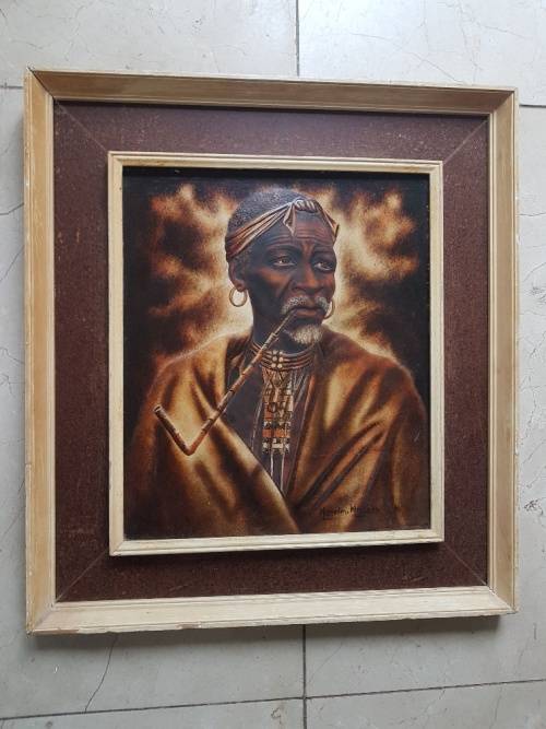 Mizraem Meseko(1927-1994)Oil on Hand tooled Leather Panel Man Smoking a Pipe