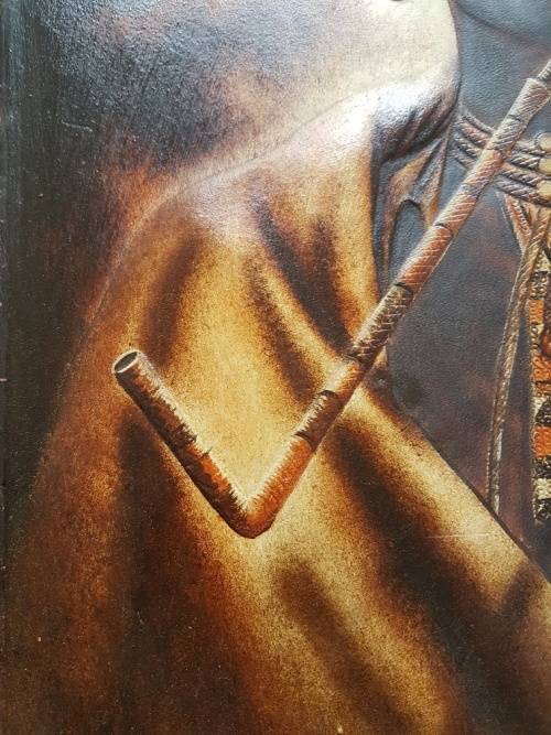 Mizraem Meseko(1927-1994)Oil on Hand tooled Leather Panel Man Smoking a Pipe