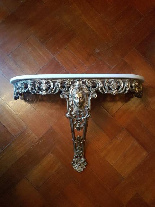 French Brass Wall Mounted Console With Marble Top