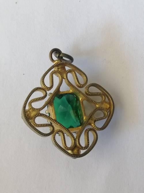 Vintage Costume Jewelry Brooch Green stone and Diamante