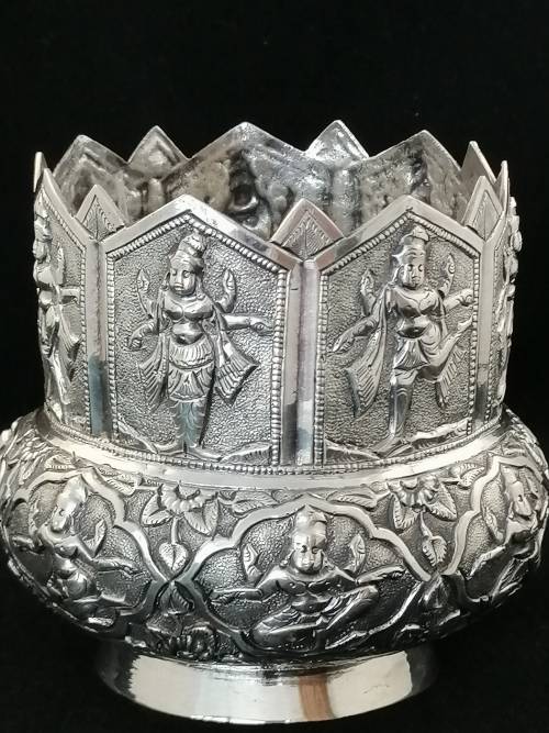 A Circa 1900 Burmese Silver Container with Jagged Rim and Profusely Embossed 142grams