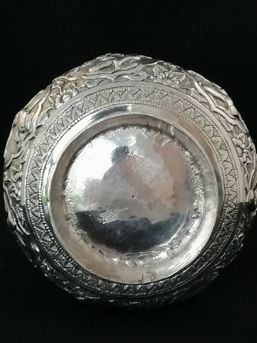 A Circa 1900 Burmese Silver Container with Jagged Rim and Profusely Embossed 142grams