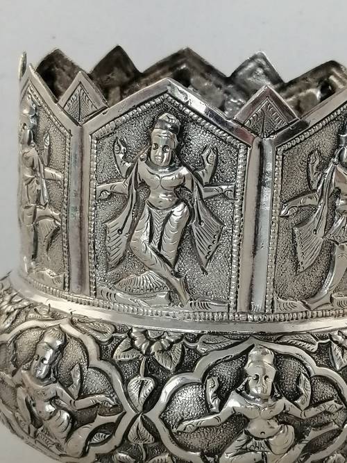 A Circa 1900 Burmese Silver Container with Jagged Rim and Profusely Embossed 142grams