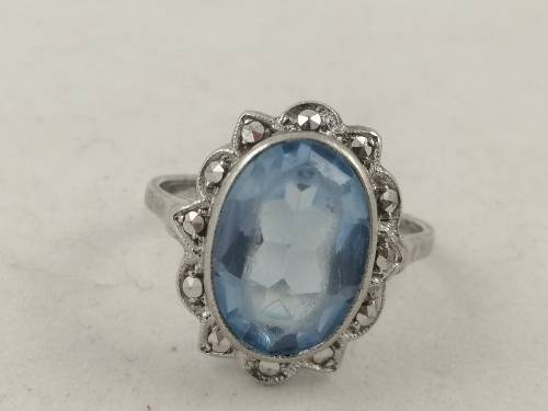 Art Deco Sterling Silver, Marcasite & Blue Glass Ring