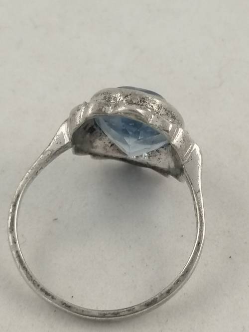 Art Deco Sterling Silver, Marcasite & Blue Glass Ring