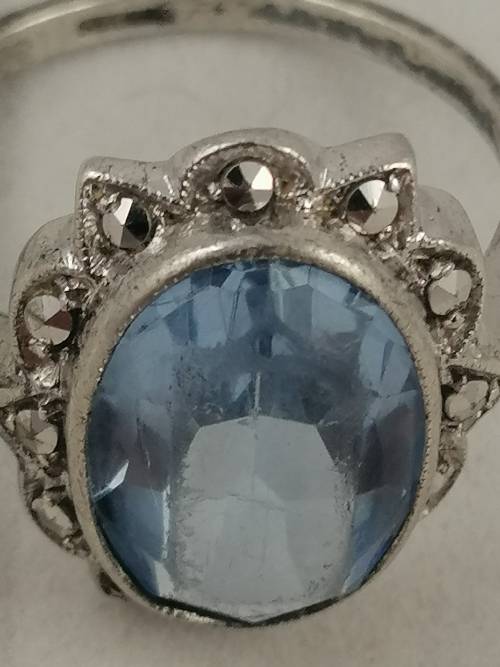 Art Deco Sterling Silver, Marcasite & Blue Glass Ring