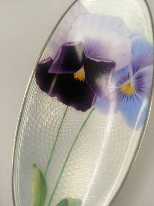 VARY RARE NORWEGIAN ,DAVID ANDERSON 925 SILVER GUILLOCHE ENAMEL PANSY PATTERN PIN TRAY
