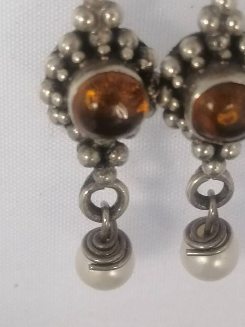 PRETTY  STERLING SILVER , AMBER AND PEARL  DROP EARRINGS
