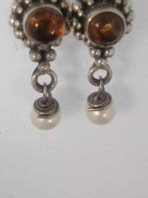 PRETTY  STERLING SILVER , AMBER AND PEARL  DROP EARRINGS