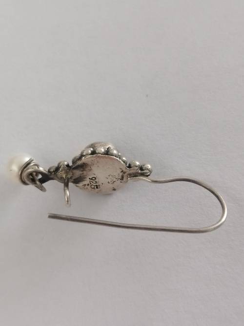 PRETTY  STERLING SILVER , AMBER AND PEARL  DROP EARRINGS