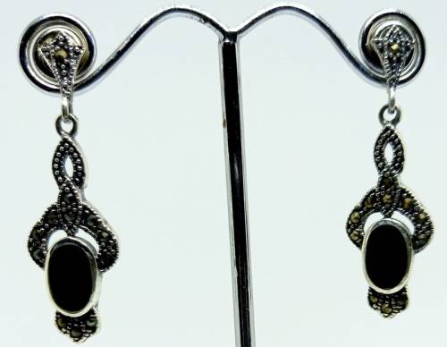 925 STERLING SILVER MARQUISITE AND ONYX DROP EARRINGS
