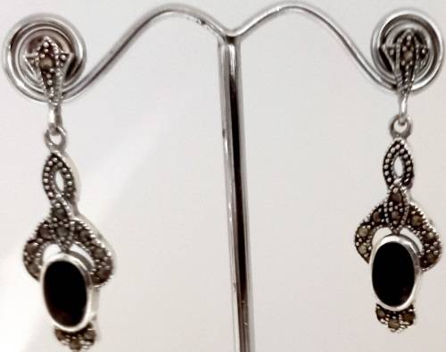 925 STERLING SILVER MARQUISITE AND ONYX DROP EARRINGS