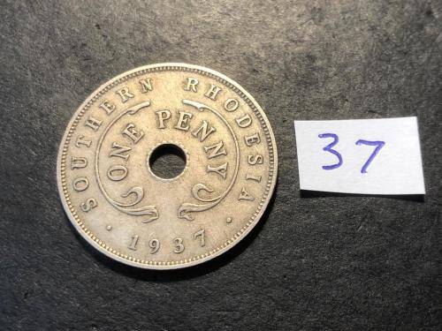 1937 Holed Rhodesian 1 penny coin - King George VI