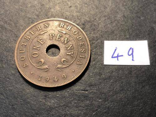 1949 Holed Rhodesian 1 penny coin - King George VI