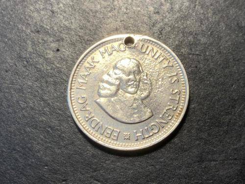 White metal (silver,nickel,etc...) plated 1964 bronze 1/2 cent coin - Holed