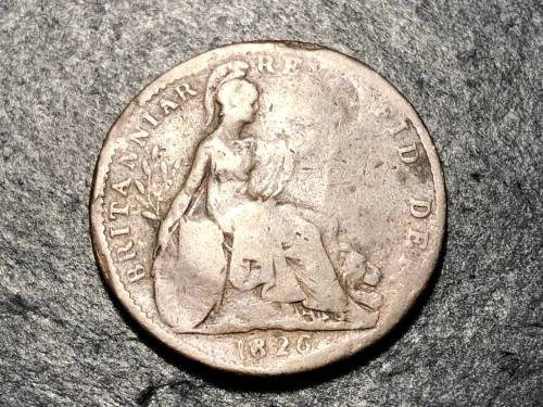 1826 1/4 penny (farthing) British coin - damaged