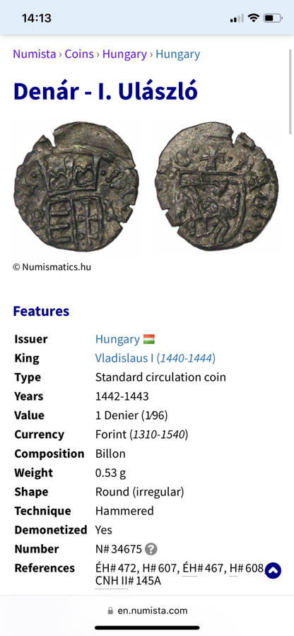 Very old Hungarian Denar coin - 1442 to 1443 - King Vladislaus I